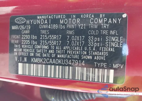2019 Hyundai Kona Sel from USA, damaged, VIN KM8K2CAA0KU347914